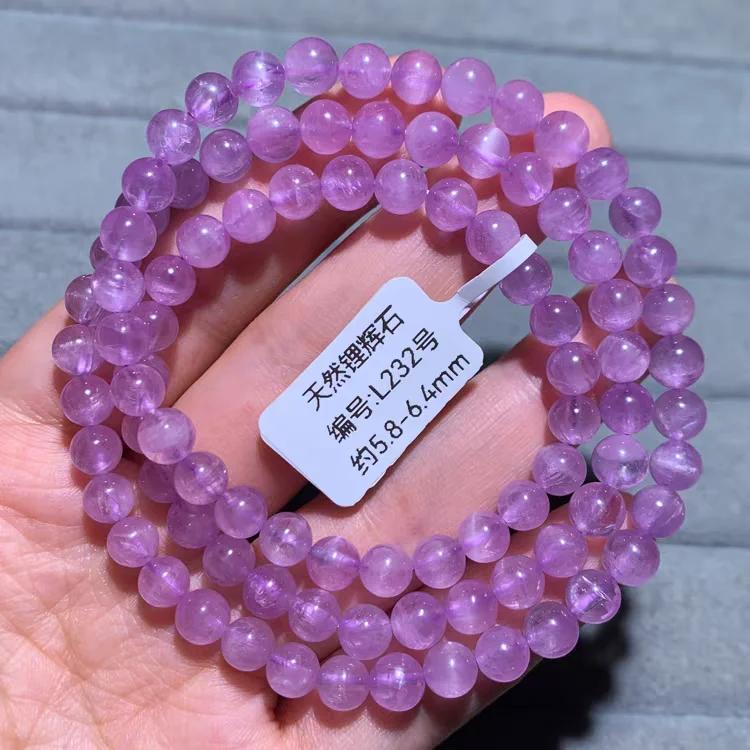 Natural Purple Kunzite Round Beads Bracelet 6mm Cat Eye 3 Laps Clear Beads Women Kunzite Beads Cat Eye Bracelet Jewelry AAAAAA
