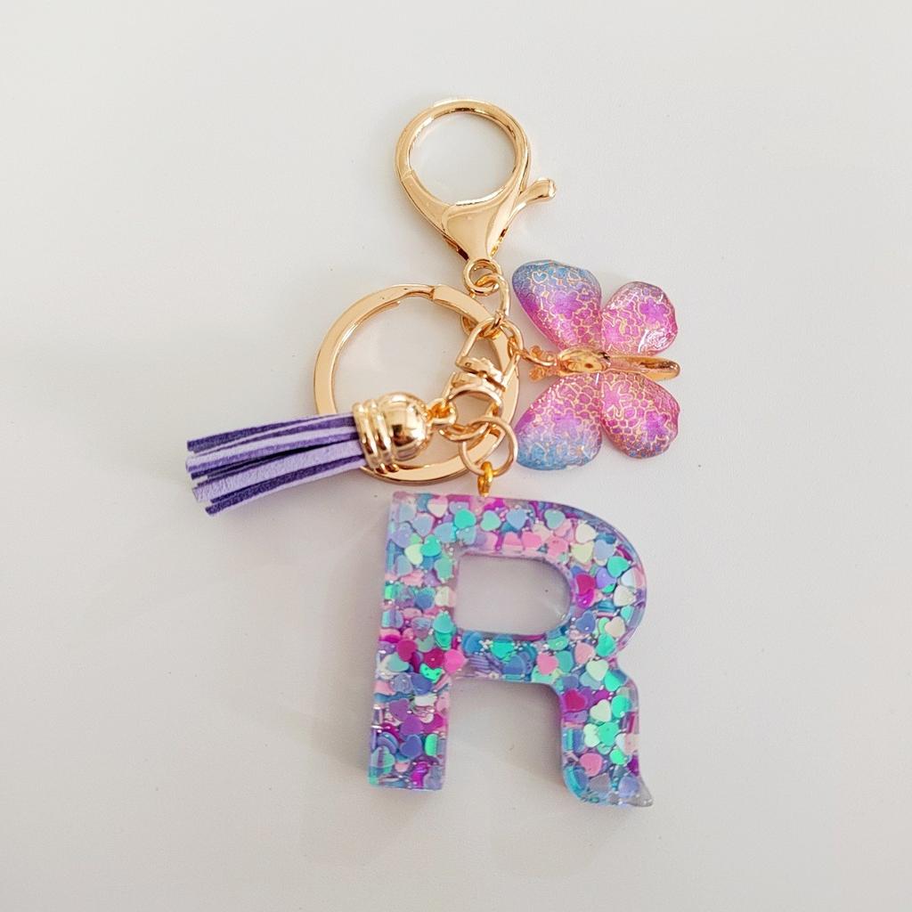 Fashion butterfly fringe initial keychain Drop glue Blend sequin A-Z26 letter keychain Cute Ladies Student Bag Accessory Gift
