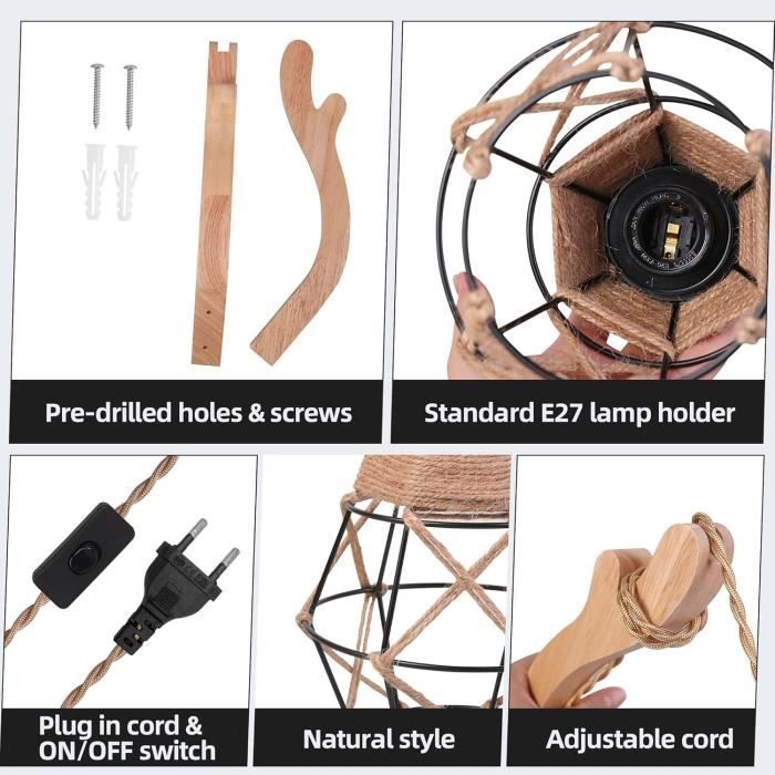 Eufrozy applique murale intérieur vintage,lampe murale boho avec interrupteur et câble de charge de 2.8 m,lampe rétro industriell