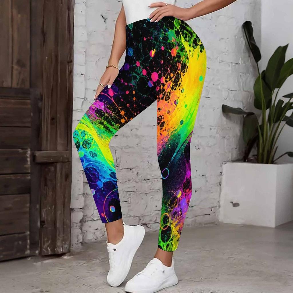 Women Plus Size High Waist Colorful Print Full Length Yoga Leggings
