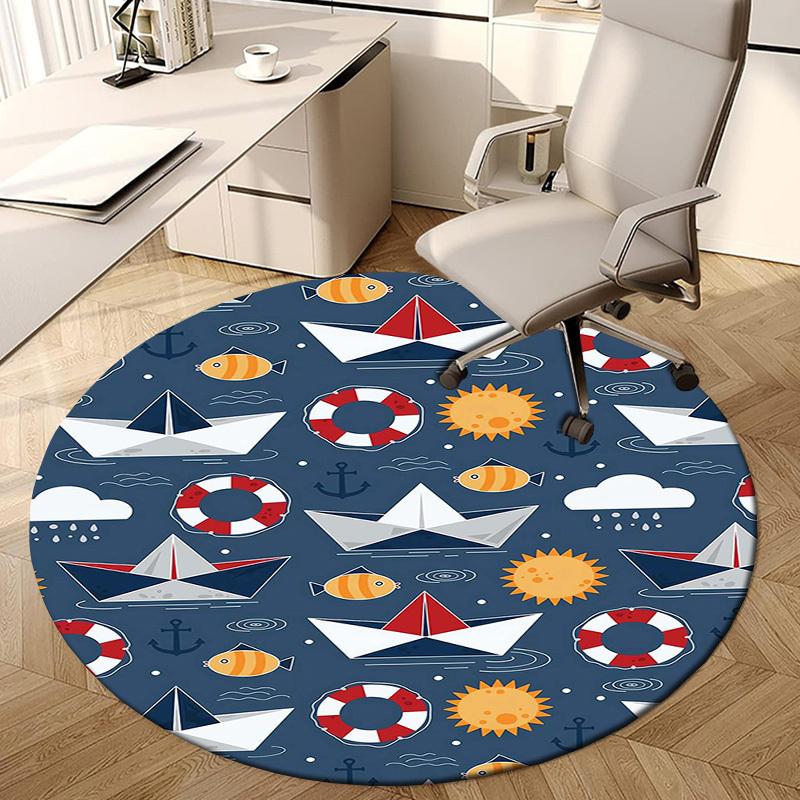 1pc Office Carpet Chair Mats Nautical Pattern with Boats, Fish, and Lifebuoys Perfect for Decorating Office Chairs, Living Rooms, Or Bedrooms