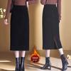 High-Waist Black Corduroy Midi Skirt: Thickened for Autumn/Winter with Slimming Slit