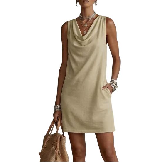 Women s Summer Sleeveless Dress Cowl Neck Mini Tank Dress Casual Travel Vacation Sundress with Pockets S хаки