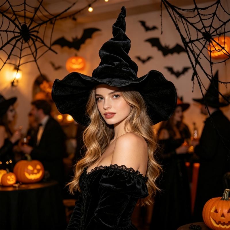 Costume Witch Hat for Halloween Event, Soft Fabric Wide Brims Dressing-Up Hat with Twist Crowns for Themed Performances