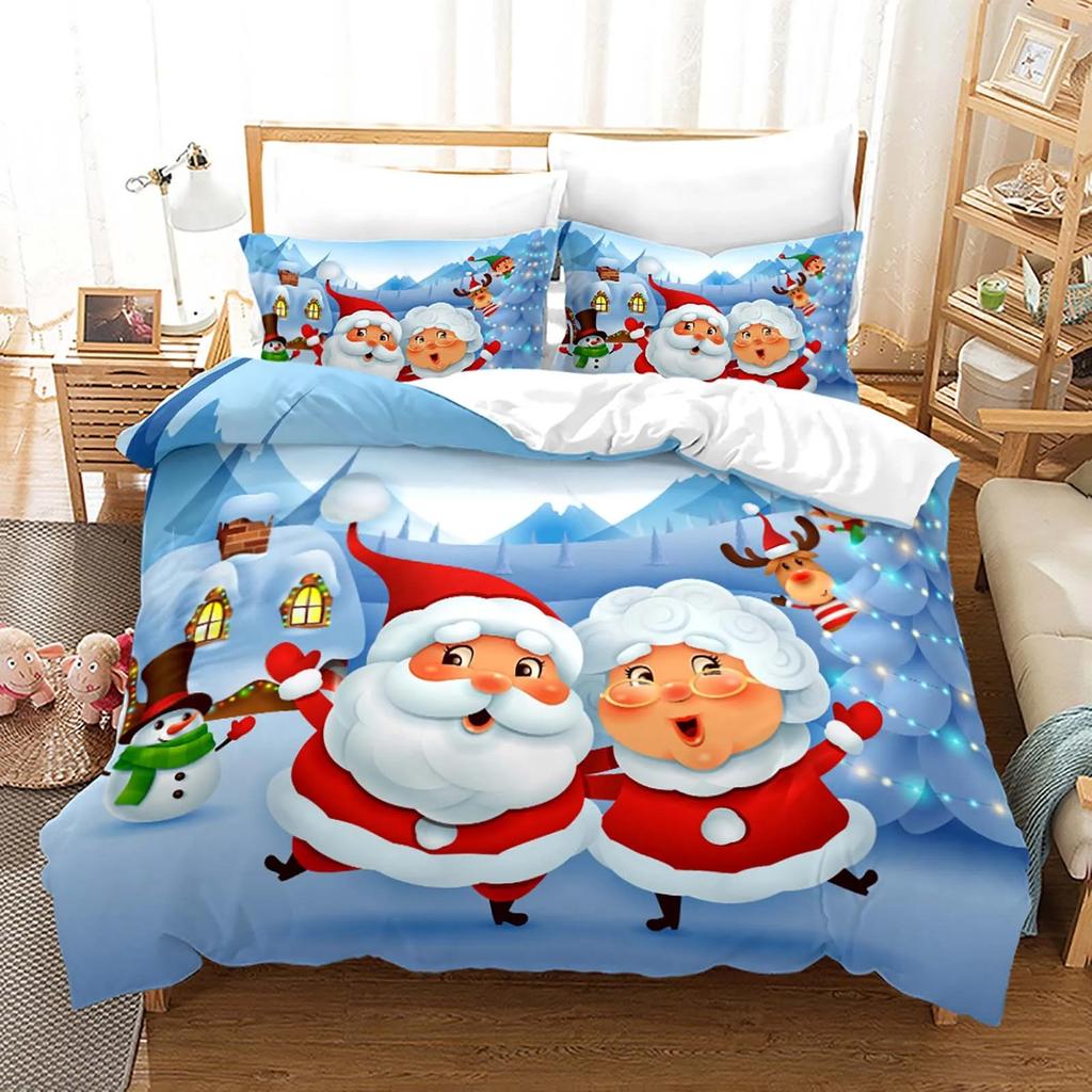Red Christmas Duvet Cover Santa Claus Snowman Bedding Set Microfiber Cartoon Comforter Cover With Pillowcases