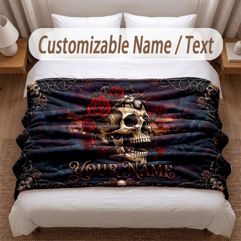 Skull Gothic Theme Soft Blanket Personalized Custom Name Text Print Warm Blanket Home Sofa Bedroom Decor