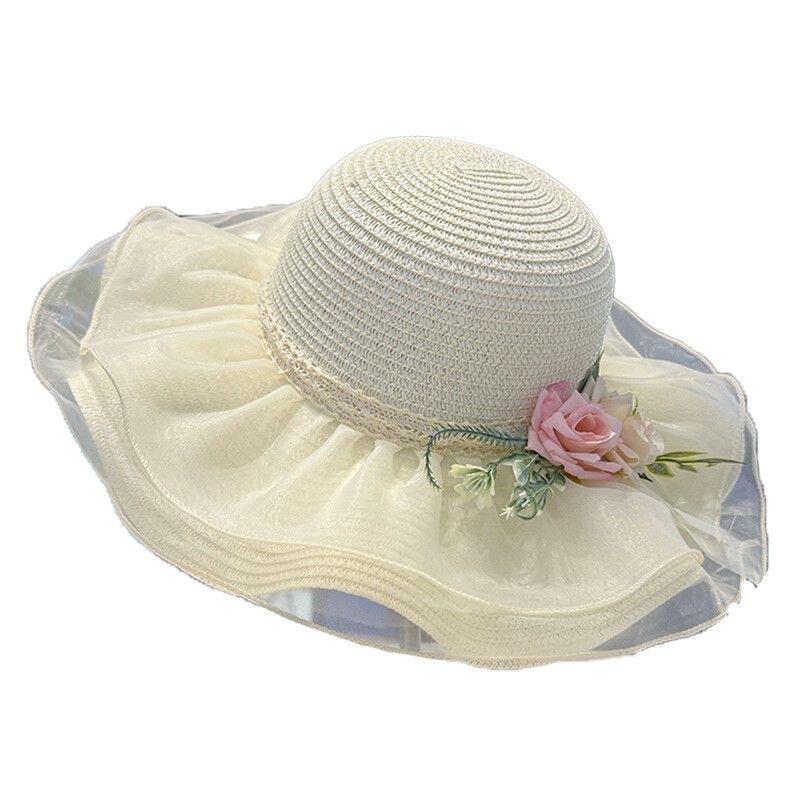 Straw Hat Women's Seaside Beach Wavy Edge Big Brim Sunshade Sunscreen Hat Summer New French Lace Flower