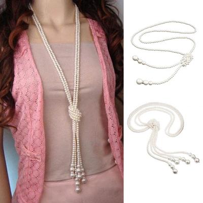 Faux Pearl Sweater Chain Single/Double-layer Alloy Beads with Knot Adjustable Clothes Jewelry Dating