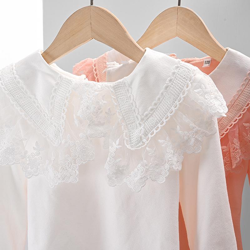 Children's Spring Bottoming T-shirt Lace Lapel Blouses Baby Girls Long-sleeved White Shirt Kids Tops