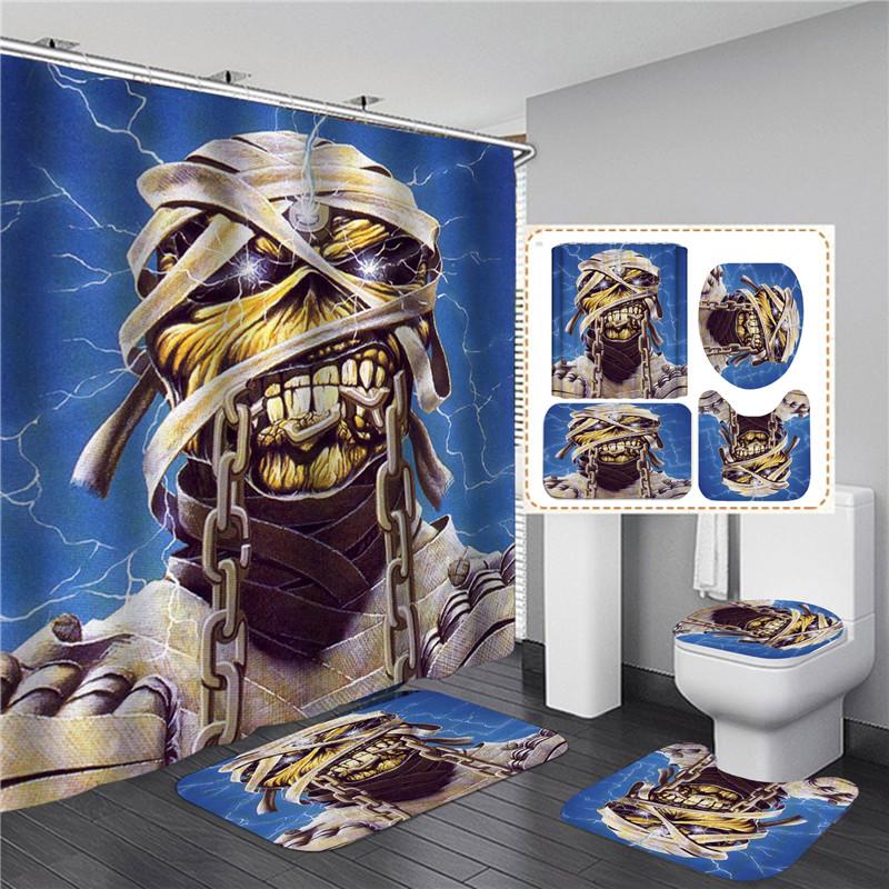 

Black Skull Skeleton Printed Shower Curtain Set Horrible Halloween Festival Bathroom Curtain Sets Decor Pedestal Rug Lid Carpet W60H190(CM)-1 Pcs