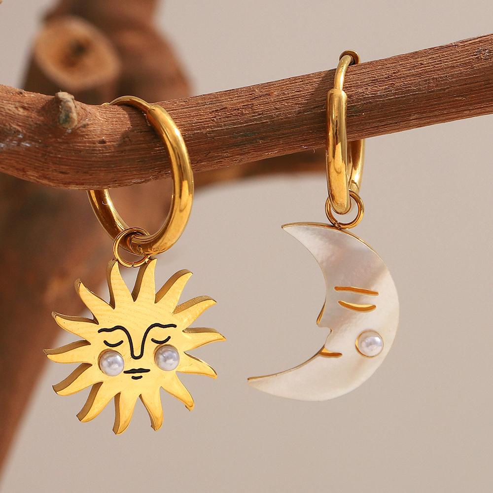 MamacitaSlay Creative 316L Stainless Steel Shell Pearl Sun Moon Earrings Waterproof Jewelry Women's 18K Gold Plated Earrings
