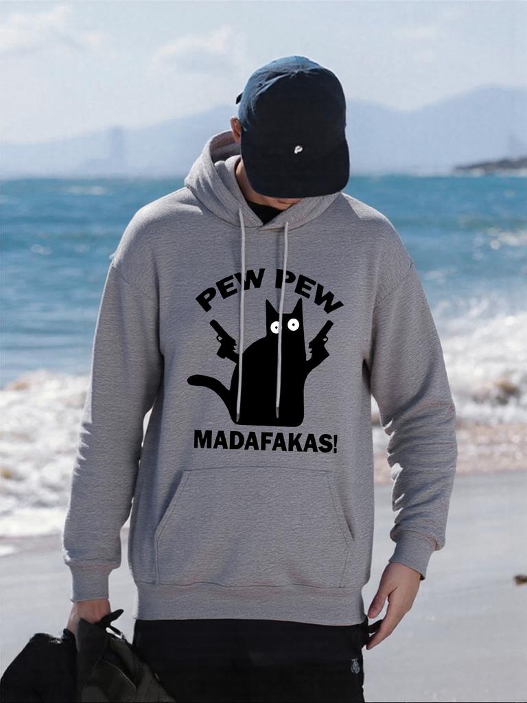 Pew Pew Madafakas Cat Holding A Gun Printed Men Hoodies Loose Loose Hoody Autumn Fleece Streetwear All-Match Pocket Pullovers