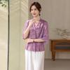 Elegant Embroidered Chiffon Blouse for Middle-Aged Women - Slimming 7-Sleeve Design for 50-Year-Olds