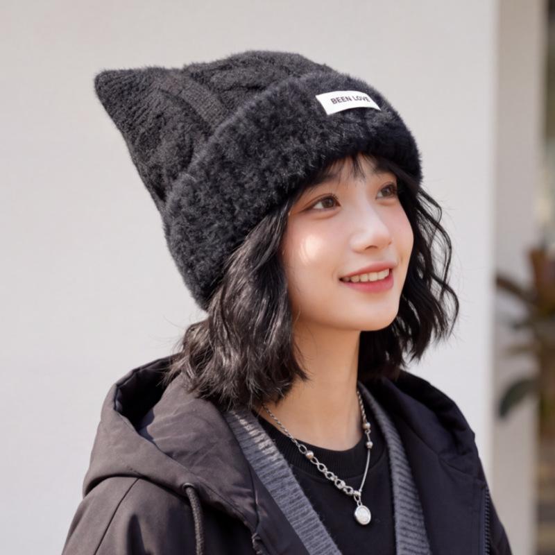 Autumn and winter new student versatile thickened warm wool hat female cute ears female plush edge pullover knitted hat