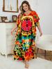 EDOLYNSA 2024 Bohemian Bunte V-ausschnitt Lose Kaftan Kleid Für Frauen Sommer Casual Plus Größe Batwing Ärmel Urlaub Langes Kleid Q1464
