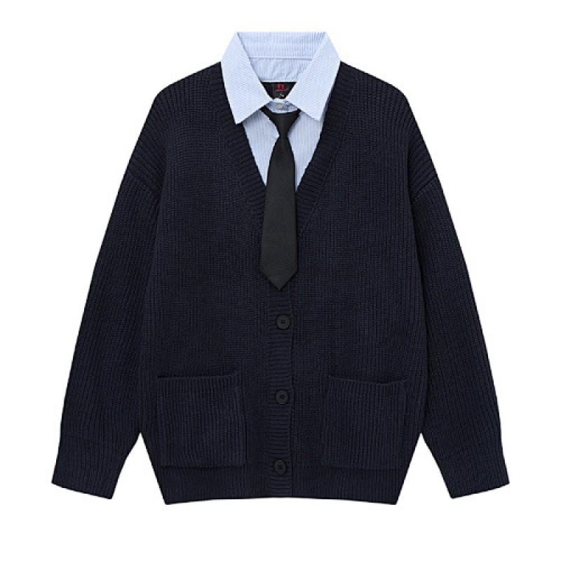 V-neck Knit Cardigan Preppy Vintage Colorblock Fake 2-piece Long Sleeve Casual Outerwear Teens