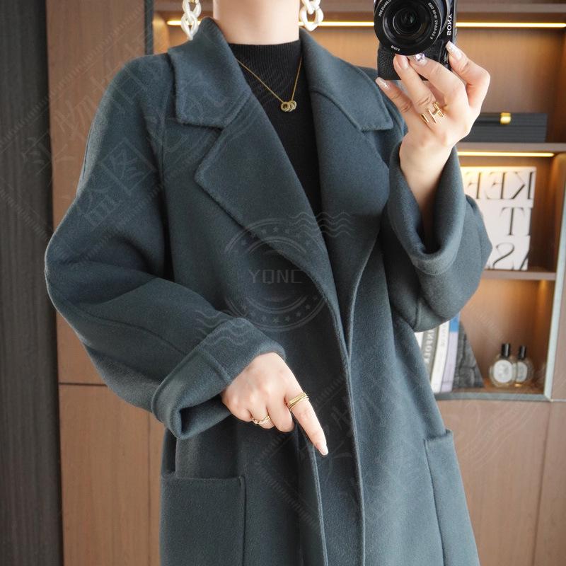 Damen Kaschmir-Mantel in mittlerer Länge im koreanischen Stil, doppelseitig, hochwertig, reine Wolle, lockere Passform für Herbst und Winter