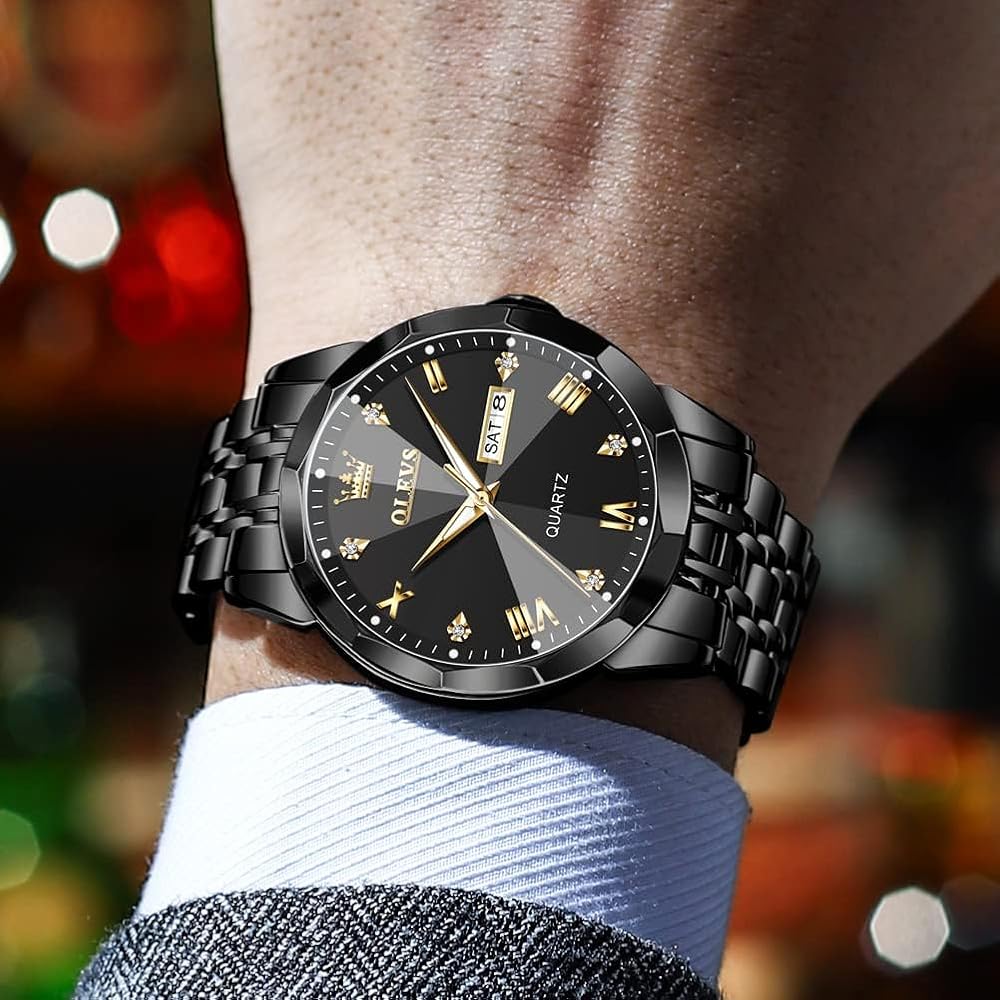 OLEVS Men's Diamond Quartz Analog Watch Black Waterproof Business Date Luminous