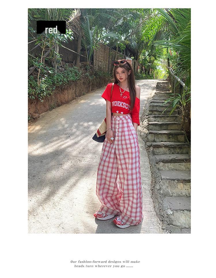 Women's Spring Plaid High-Waist Wide-Leg Pants - Casual, Loose, Floor-Length