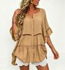 Women's V Neck Button Front Beach Cover Up Dress, Flared Three Quarter Sleeve Hollow Cutwork Loose Plus Size Tunic Shirt Dress