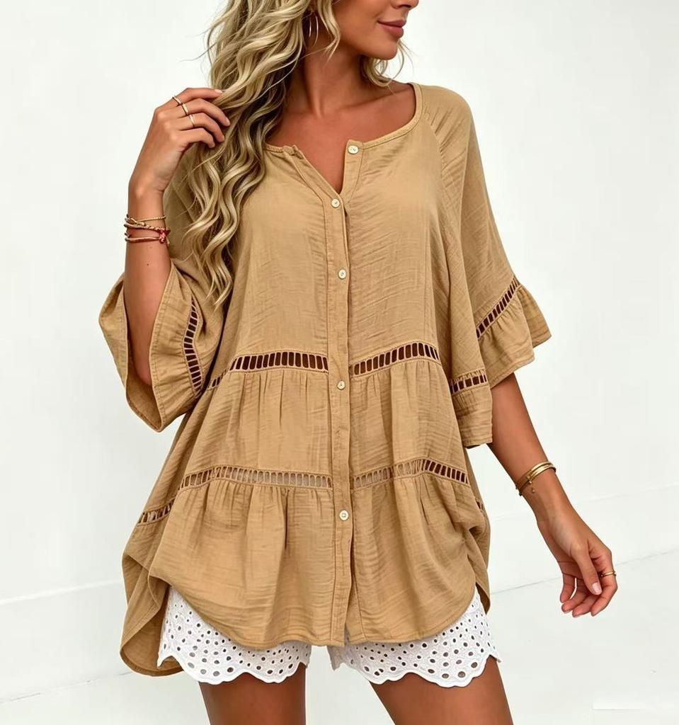 Women's V Neck Button Front Beach Cover Up Dress, Flared Three Quarter Sleeve Hollow Cutwork Loose Plus Size Tunic Shirt Dress