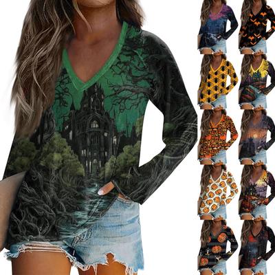 Women's Long Sleeve T-Shirt V-Neck Halloween Printed Casual Basic Tops