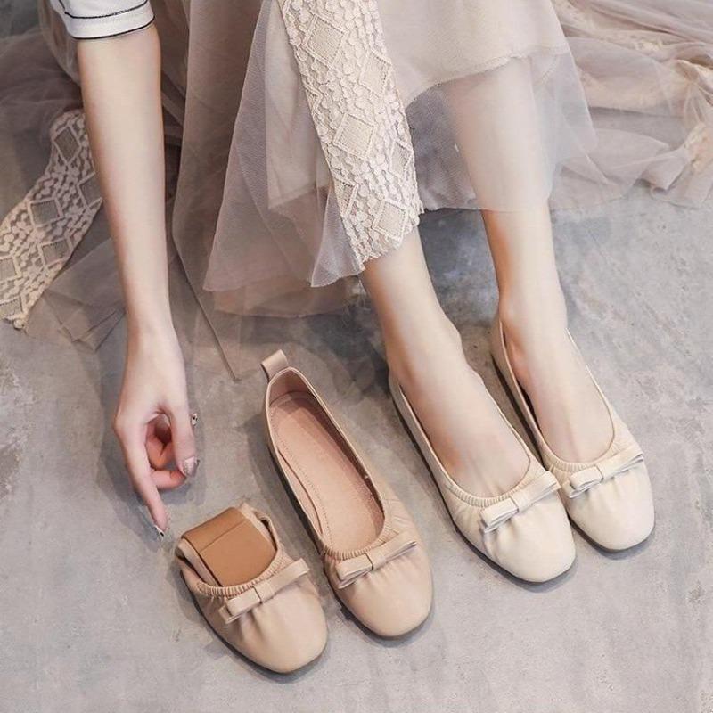 Weiches Leder weiche Sohle Doudou Schuhe Damen Herbst neu Schleife mit Rock flacher Boden flacher Ausschnitt ein Pedal Damenschuhe