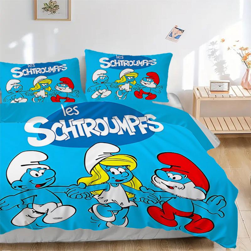 Smurfs' Adventure Print 3Pcs Bedding Setduvet Cover With 2 Bedropillowcase Home Birthday Gift