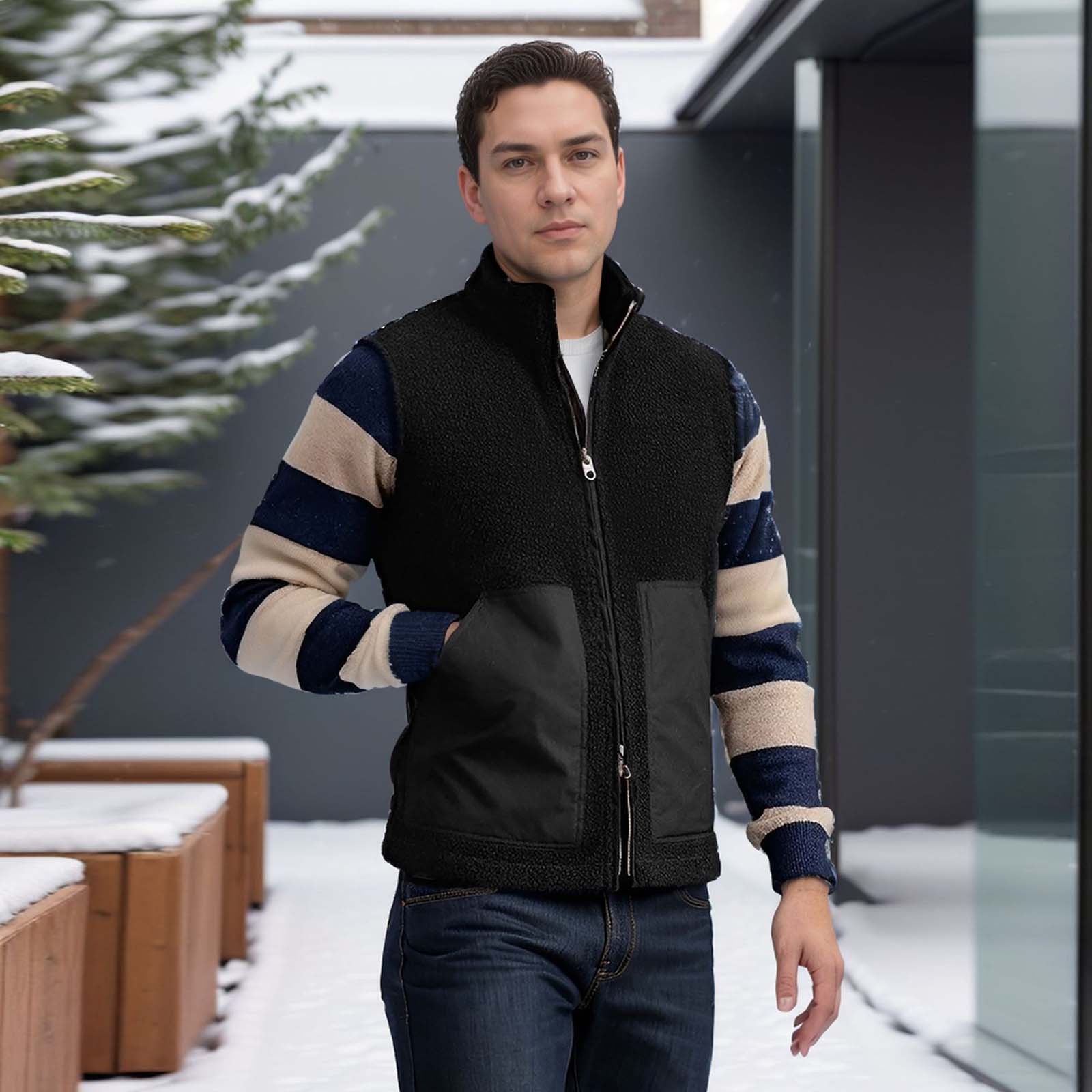 

Men s Stand Collar Zipper Lambskin Vest Large Pocket Casual Sports Vest XL