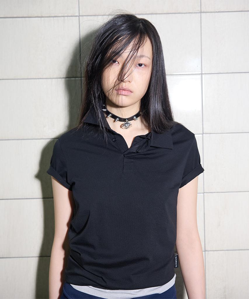 Yusentig Double Collar Slim Asymmetrical Collar T-Shirt Black Aw5Me43310