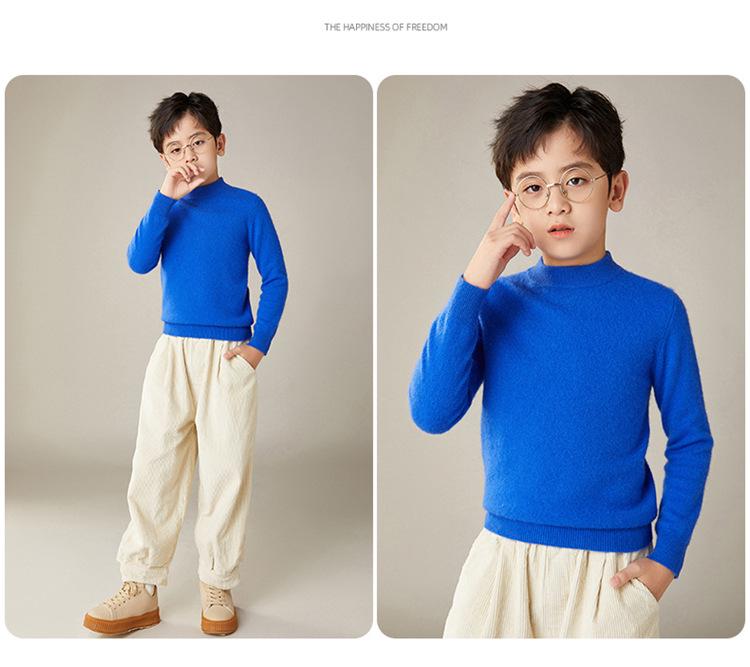 Pure Wool Sweater for Kids: Half-High Collar, Autumn/Winter Warm Knit, Unisex, Plain Color, Medium/Older Children