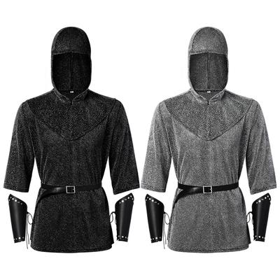 Anime Renaissance Faux Chain Mail Armor Tunic Shirt Coif Medieval Knight Cowl Crusader Costume Outfit Bracers Waist Belt Set
