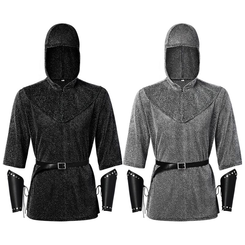 Anime Renaissance Faux Chain Mail Armor Tunic Shirt Coif Medieval Knight Cowl Crusader Costume Outfit Bracers Waist Belt Set