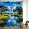 1Pc Extra Large Bath Curtain - Tranquil River Landscape With Sunlit Waterway, Lush Green Grass, Dense Trees & Blue Sky - Machine