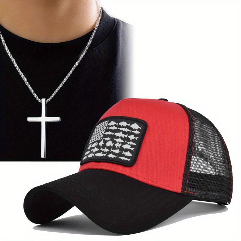 

Комплект из 2 мужских бейсболок, ожерелье, бейсболка с американским флагом, кепка с язычком, сетчатая кепка, крест, ожерелье с подвеской в виде солнца для дальнобойщика красный/чёрный