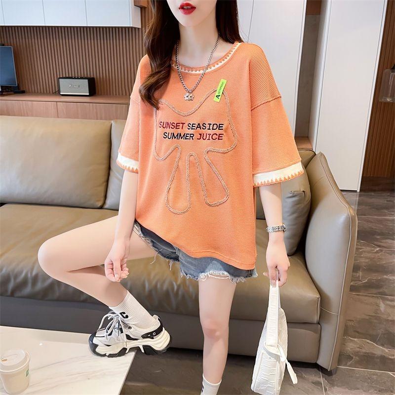 Niche Design Short-sleeved Women's Summer Korean Style Loose Plus Size Women's Versatile Waffle Top
