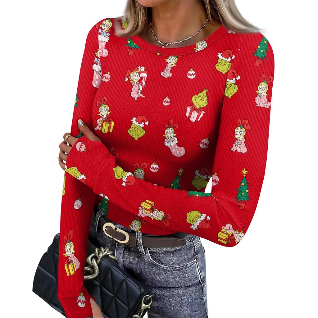 Women's Slim Fit Base Layer Long Sleeve Crewneck Pullover T-Shirt with Thumb Holes, Christmas Graphic Print Top