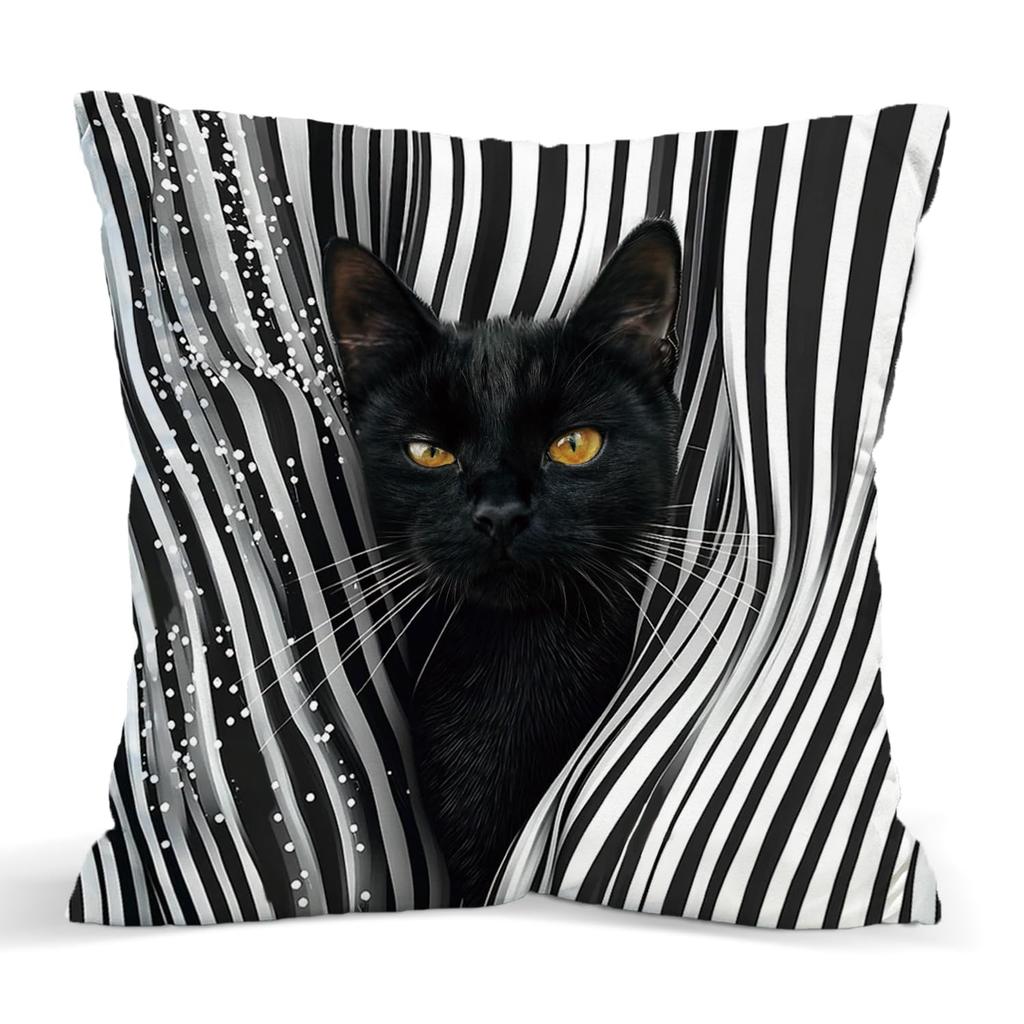 Cute Black Cat Pillowcase, Minimalist Cartoon Kitten Cushion Cover, Yellow Background Home Decor, Soft Throw Pillow for Bedroom