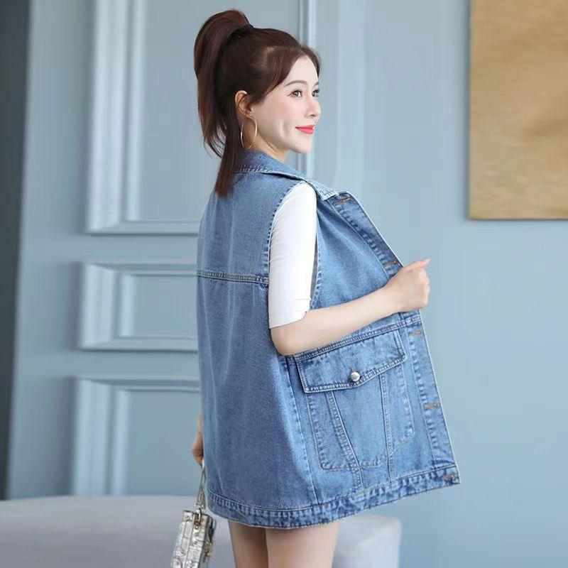 

Модный женский жилет, новый джинсовый жилет, корейские свободные джинсы без рукавов средней длины, жилетки, женский жилет, куртка, топы, верхняя одежда 3XL