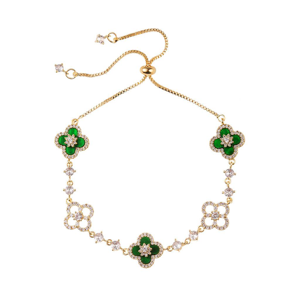 Náramek se čtyřlístkem z imitace perleti a diamantů - Dutý a třpytivý design se stahovací šňůrkou, Lehký luxusní módní ruční šperk.