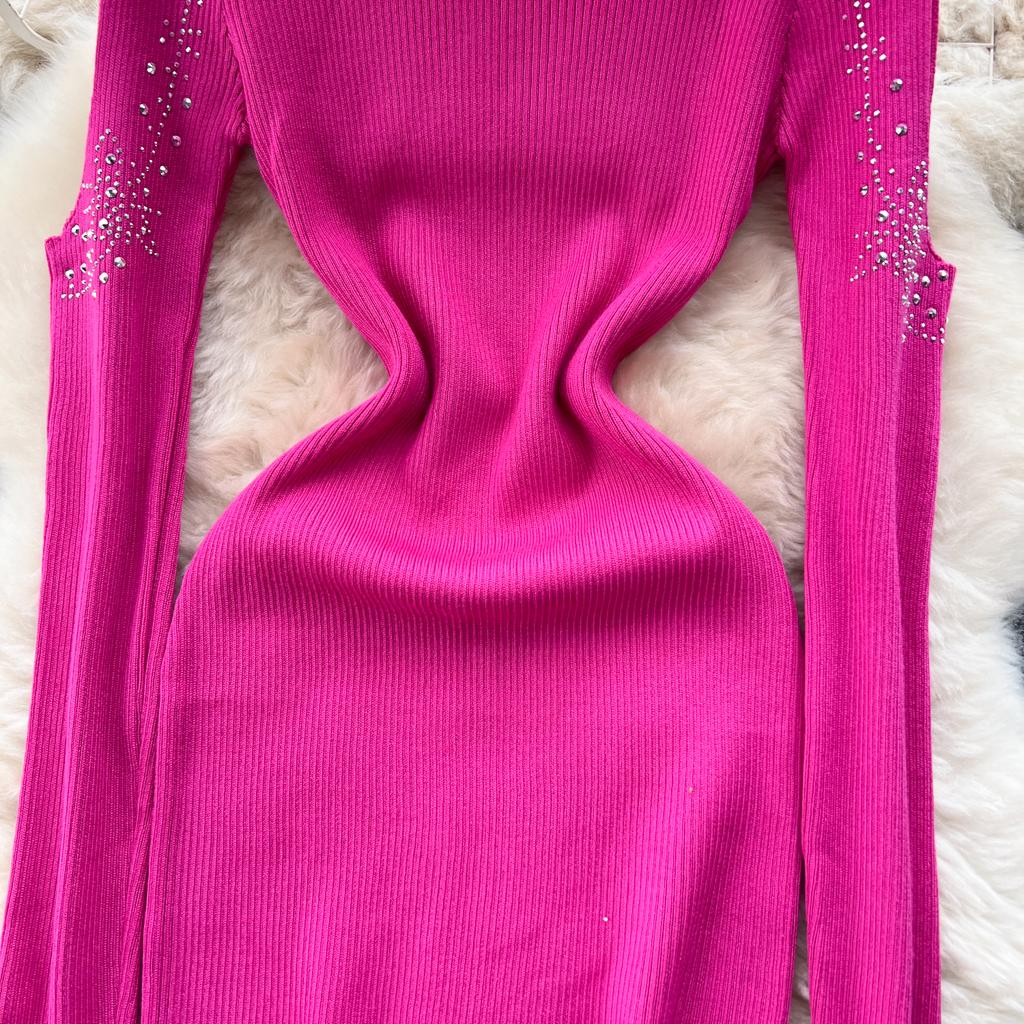 Elegante strass con spalle scoperte manica lunga maglia aderente abito tubino slim basic moda maglione vestido abbigliamento invernale sexy