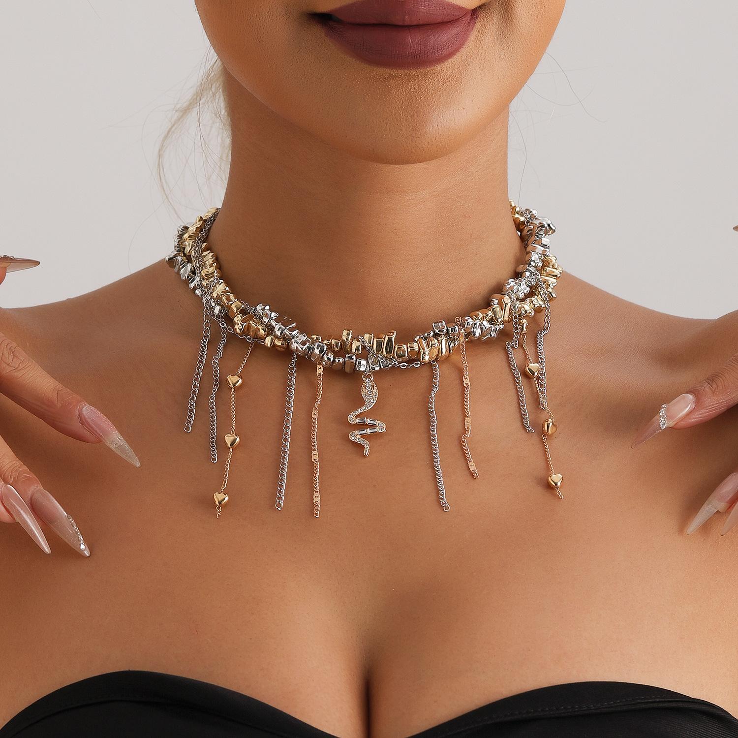 Bead Heart-Shaped Tassel Snake Shaped Necklace Pendant Handmade Irregular Mixed Necklace Imitation Pearl Tassel Sweater Chain