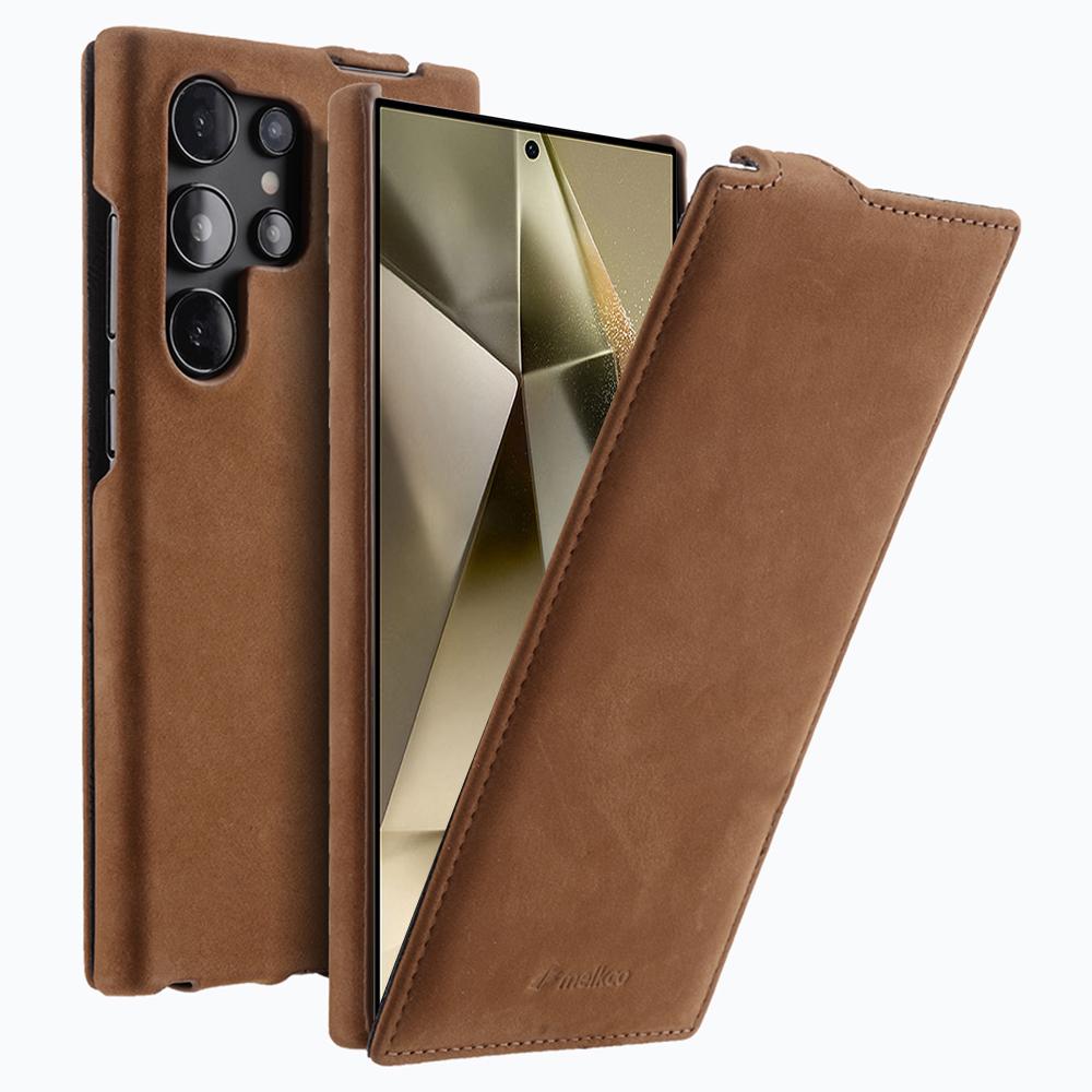 

MELKCO Чехол для Samsung Galaxy S24 Ultra из натуральной коровьей кожи, чехол для телефона с вертикальным откидным верхом и низом Matte Brown