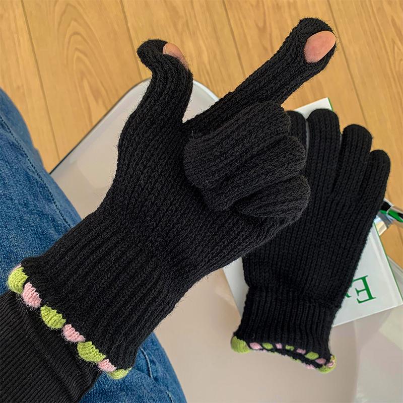 Autumn And Winter  Wool Knitted Gloves Fingerless Women'S Solid Color Warm Windproof Cycling Gloves With Touch Screen