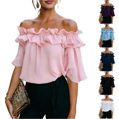 Blusa Estiva da Donna a Spalle Scoperte con Volant e Maniche Corte, Taglio Ampio Casual per Uso Quotidiano e Vacanze