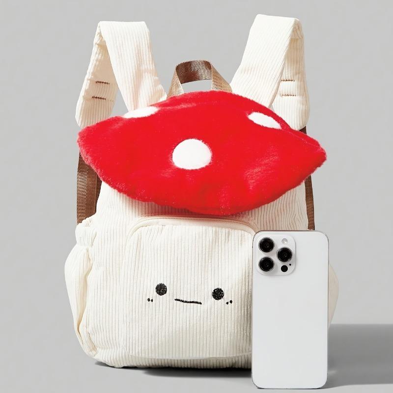 Women's Kawaii Plush Mushroom Backpack Cute Tote Bag with Adjustable Straps Zipper Closure Corduroy Red/White Student Backpacks
