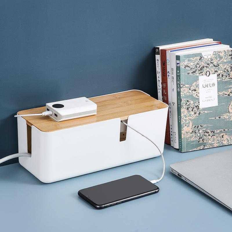 Bamboo Top Power Strip Cover Box - Cable Organizer for Desk, Multi-Outlet Cord Hider Storage Case Desk Organizer