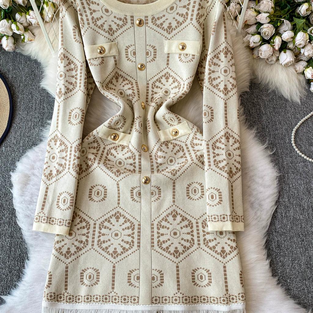 Autumn Winter Women Vintage Print Full Sleeve Knitted Sweater Pullover Dresses With Tassel