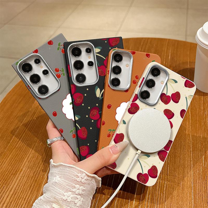 Cute Cherry Pattern TPU Leather Texture Slim Magnetic Case For Samsung S25 Ultra S24 FE S23 S22 S21 Wireless Charge Matte Shockproof Soft Phone Cover