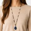European Ethnic Blue Veined Stone Water Drop Pendant Necklace for Women - Hand-Knotted Natural Stone Sweater Chain Jewelry
